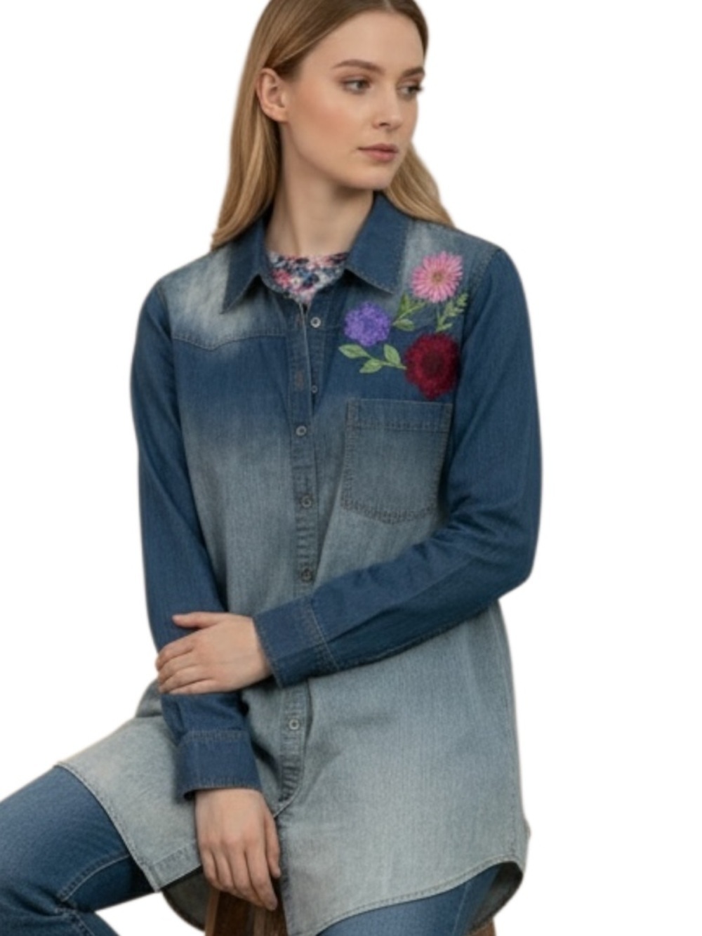 ❤️🔥 Aratta Large Denim Button-Down Shirt with Floral Embroidery A-34